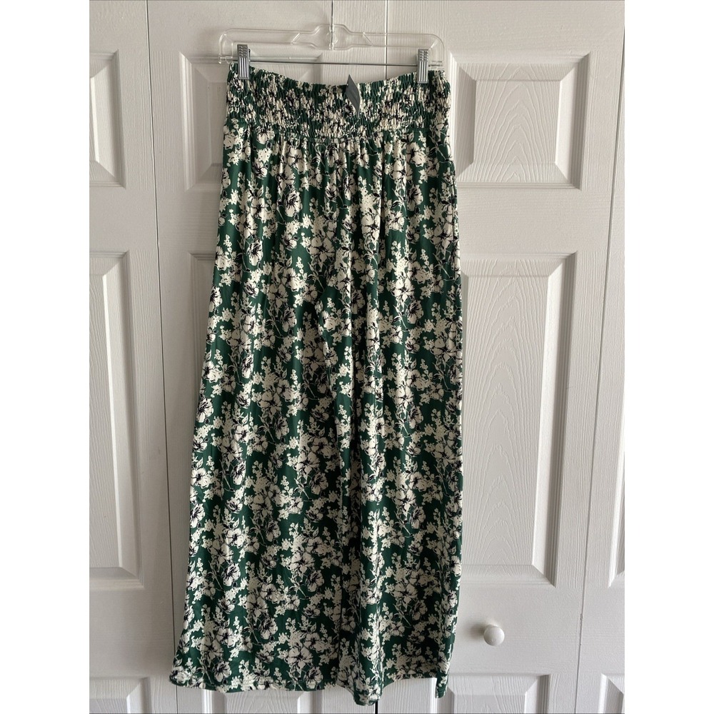 Anthropologie Hutch Floral Wide Leg Pants Womens Size SP Green Smocked Waist NEW
